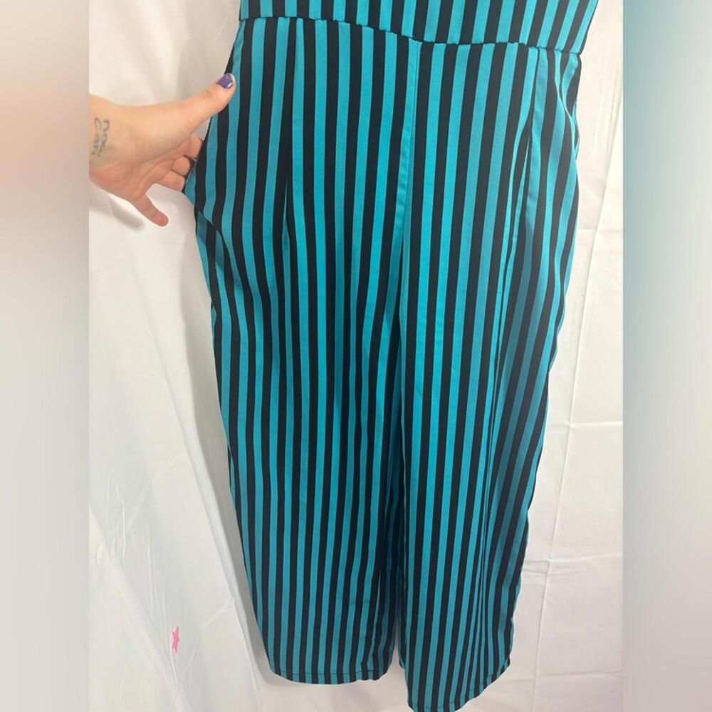 Striped Turquoise+Black Wide Leg Collar Slight Puff Sleeve Retro Jumpsuit Size M - Picture 6 of 9